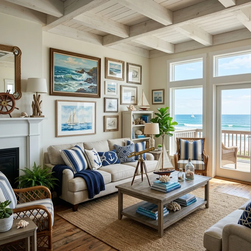 Blue and white nautical coastal interior